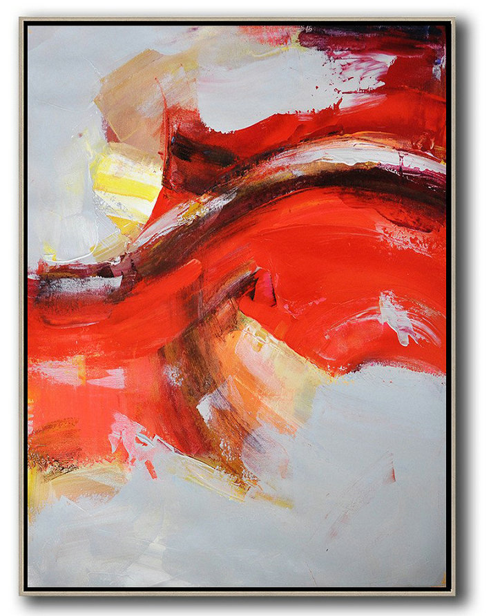 Vertical Palette Knife Contemporary Art,Original Art Acrylic Painting,Grey,Red,Yellow
